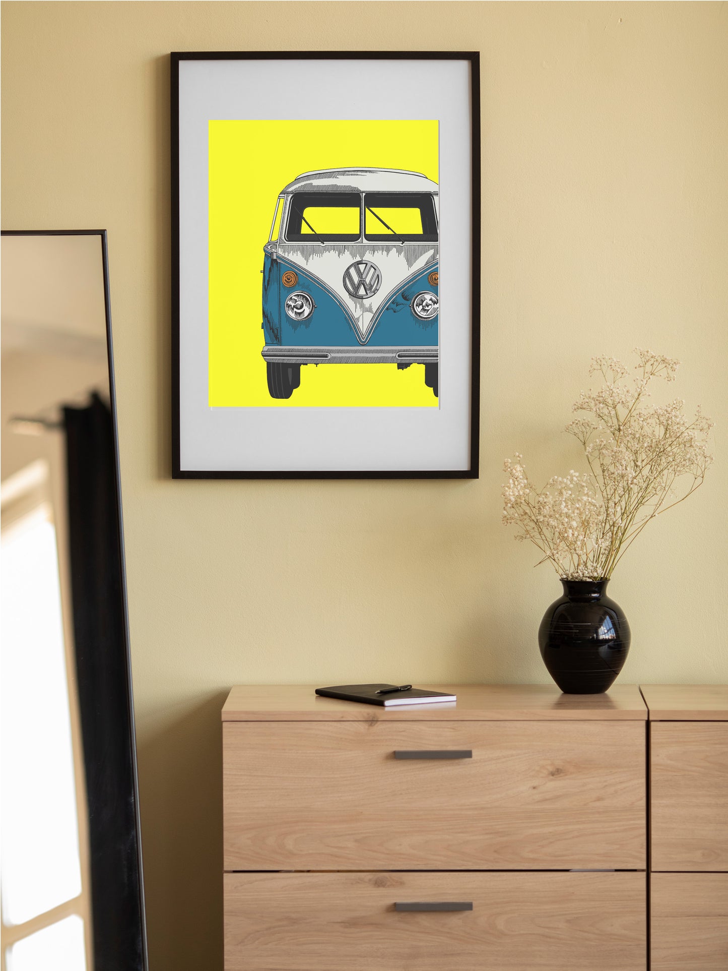 VW Camper Fine Art Print Blue & Neon Yellow