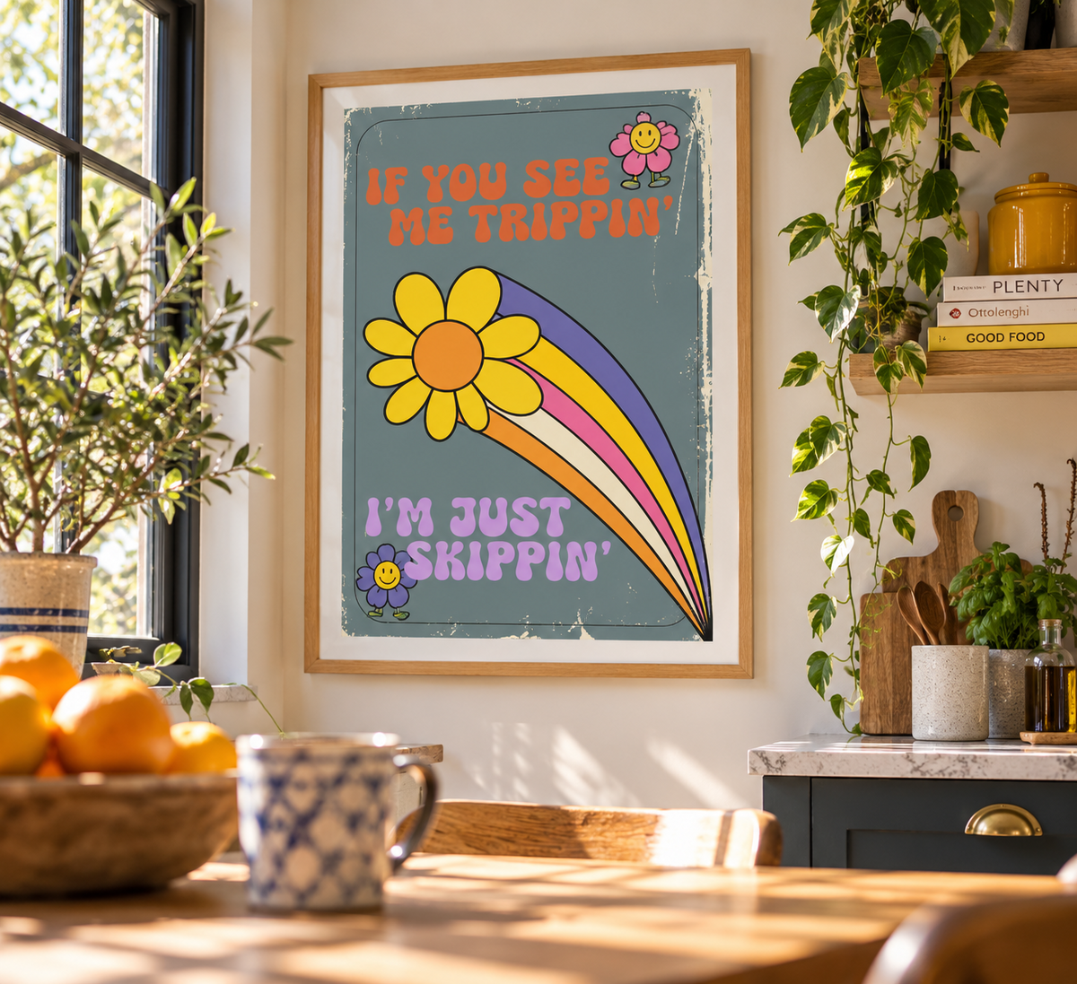 Framed A3 Tripping art print displayed in a bright kitchen