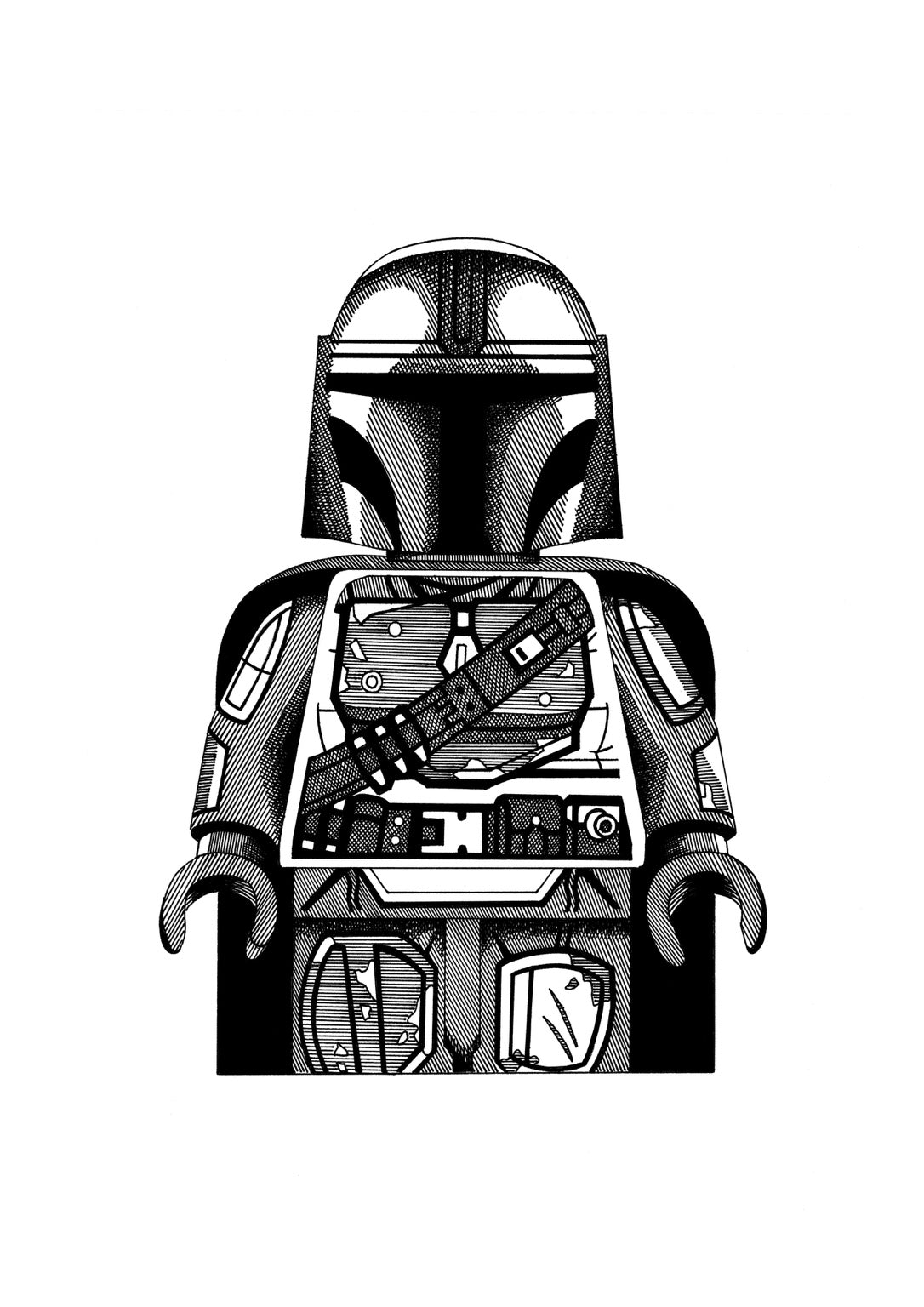 Black and white LEGO inspired Mandalorian minifigure A3 art print