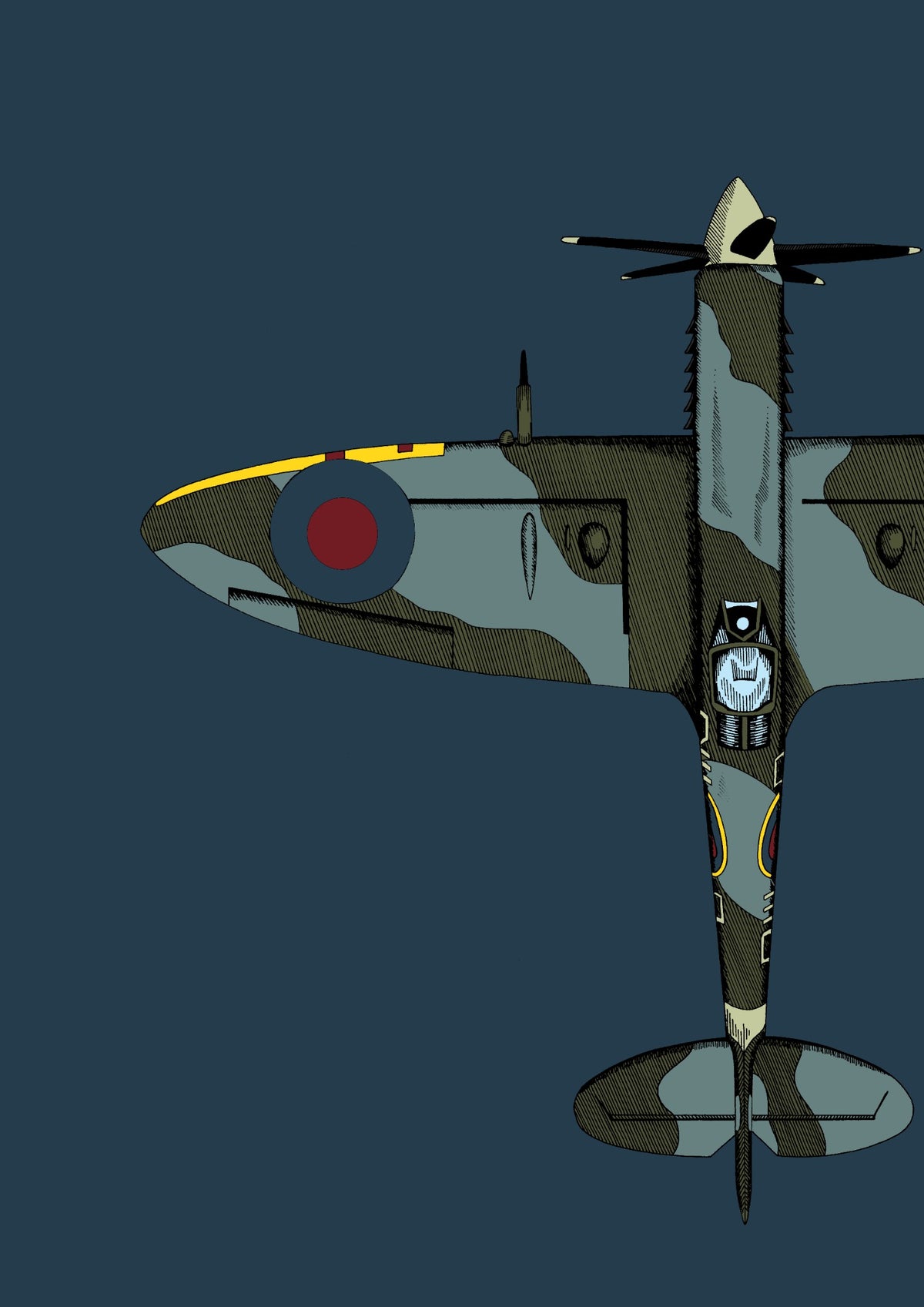 Spitfire fighter plane illustration on a blue background
