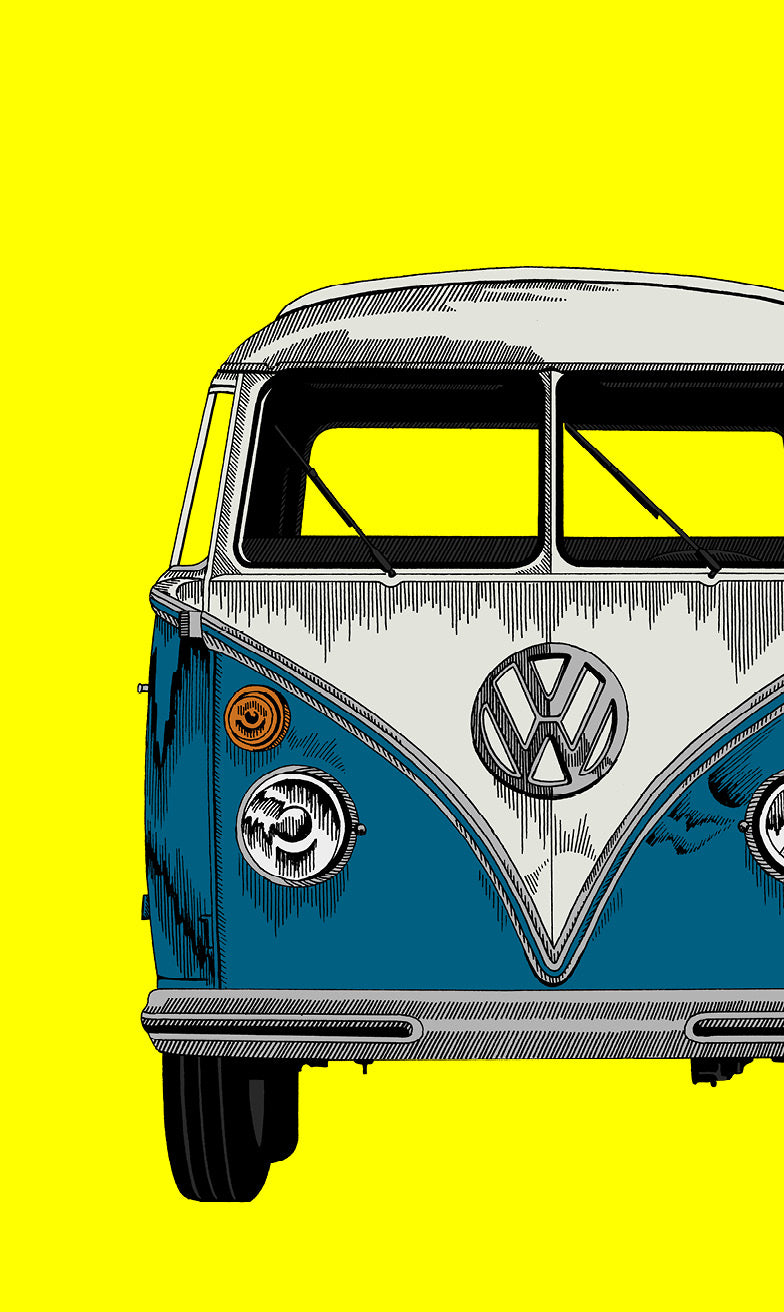 VW Camper Fine Art Print Blue & Neon Yellow