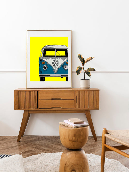 VW Camper Fine Art Print Blue & Neon Yellow