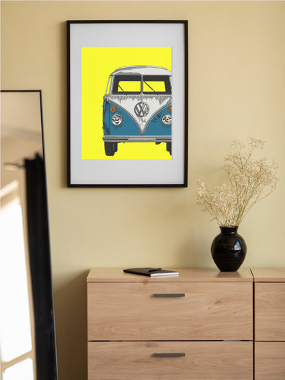 VW Camper Fine Art Print – Blue & Neon Yellow