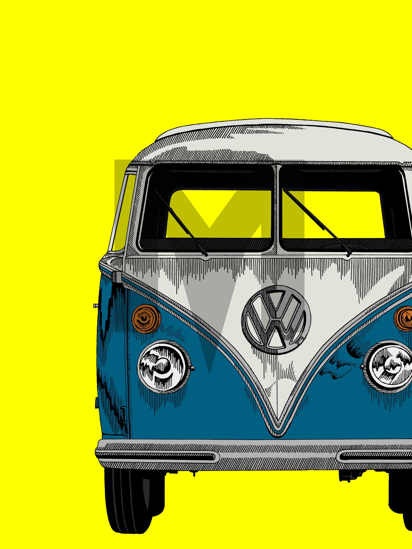 VW Camper Fine Art Print Blue & Neon Yellow
