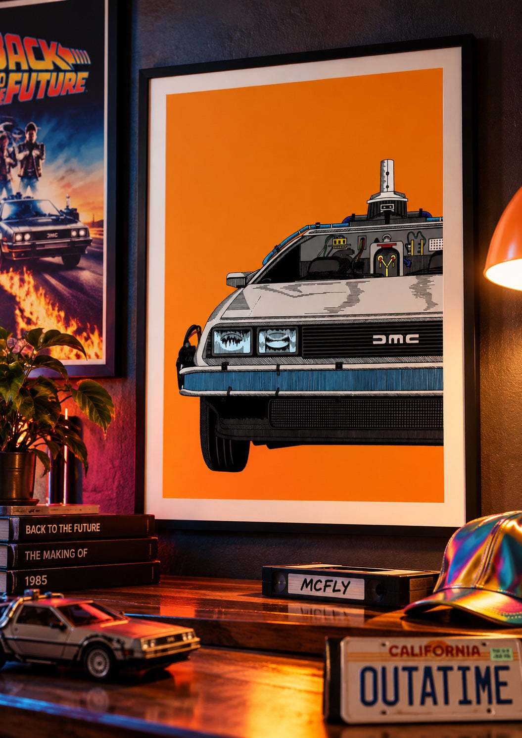 Framed DeLorean time machine art print in an 1980s-inspired display