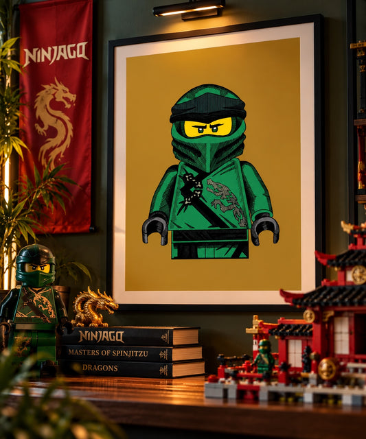 Framed green ninja minifigure art print in a display setting