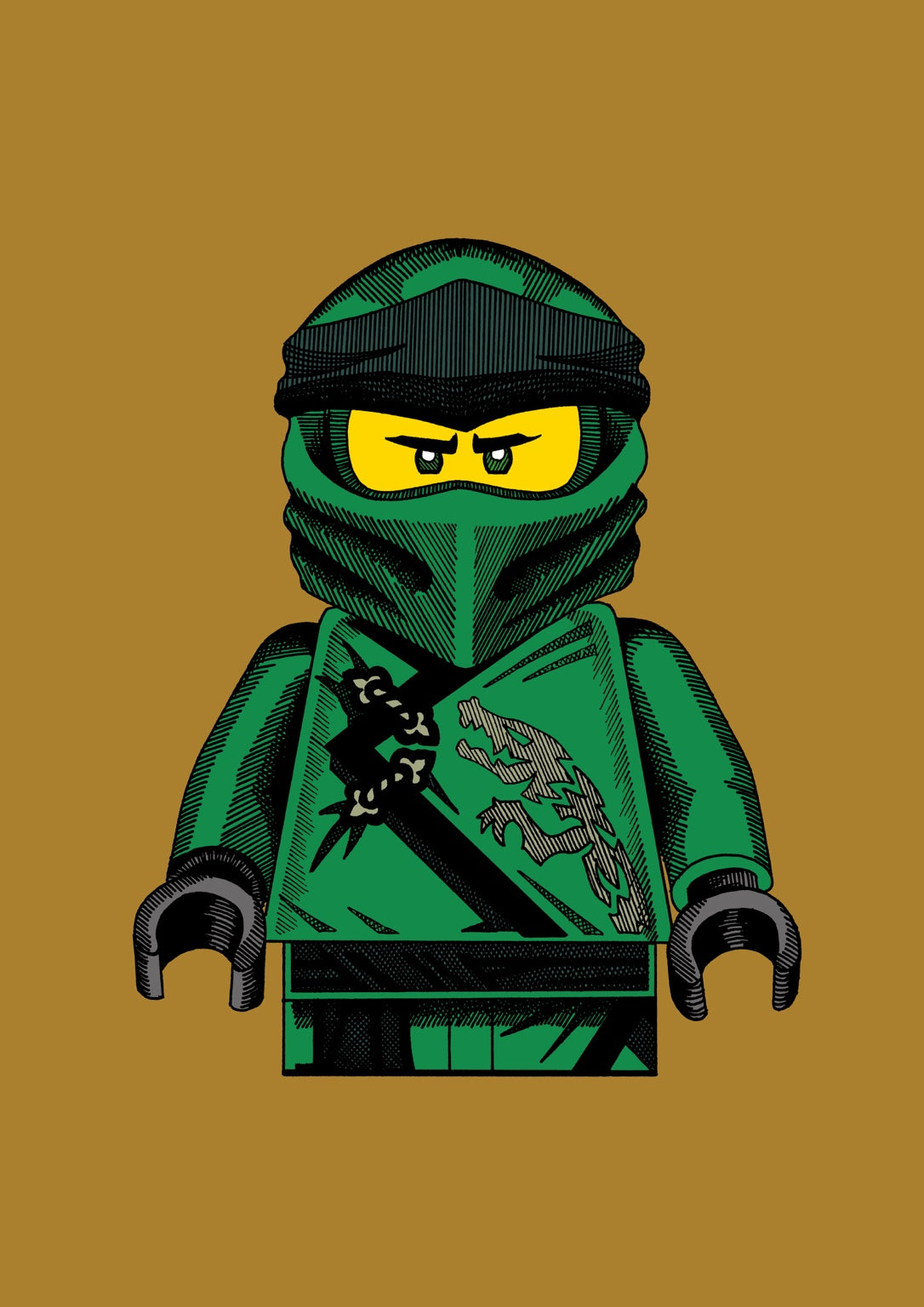 Green ninja minifigure illustration on a gold background
