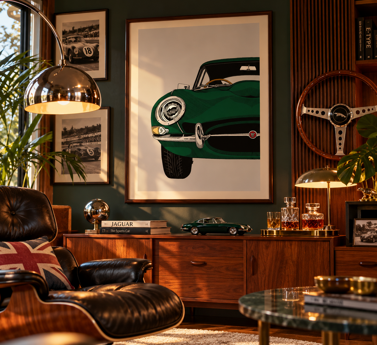 Framed Jaguar E-Type art print in a mid-century British motoring inspired interior