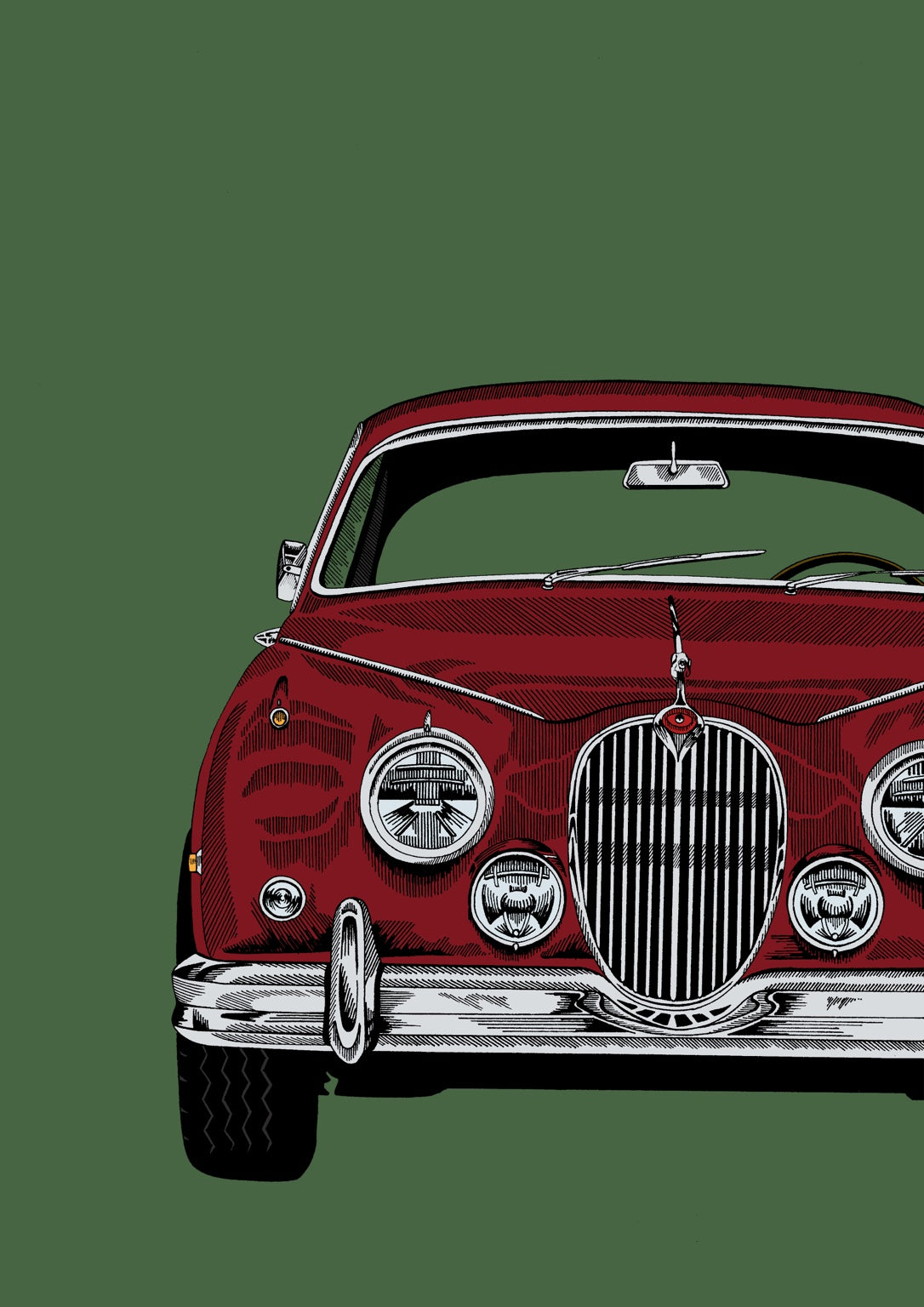 Red Jaguar Mk2 illustrated A3 art print on green background