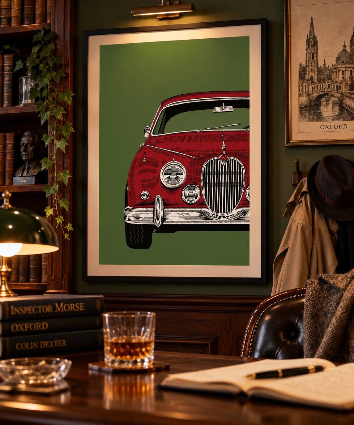 Framed Jaguar Mk2 Inspector Morse inspired A3 art print in a classic study interior
