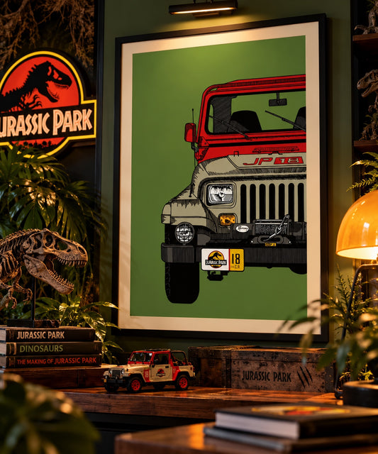 Framed illustrated red and grey dinosaur adventure Jeep art print in a cinematic display