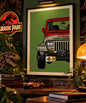 Framed illustrated red and grey dinosaur adventure Jeep art print in a cinematic display