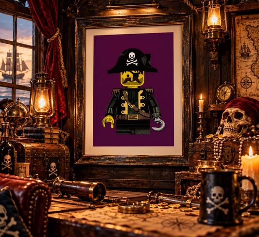 Framed LEGO inspired retro pirate art print in a dramatic pirate themed room
