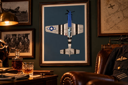 Framed P-51 Mustang A3 aviation art print in a vintage officers mess inspired interior