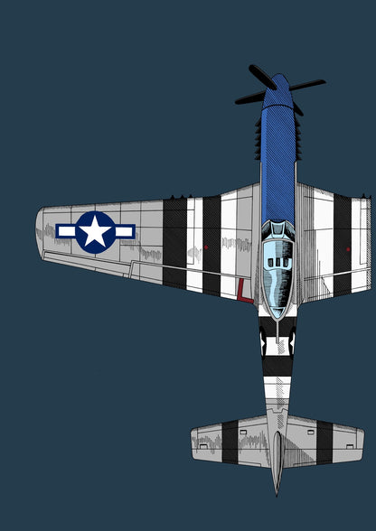 P-51 Mustang illustrated A3 art print viewed from above on a deep blue background