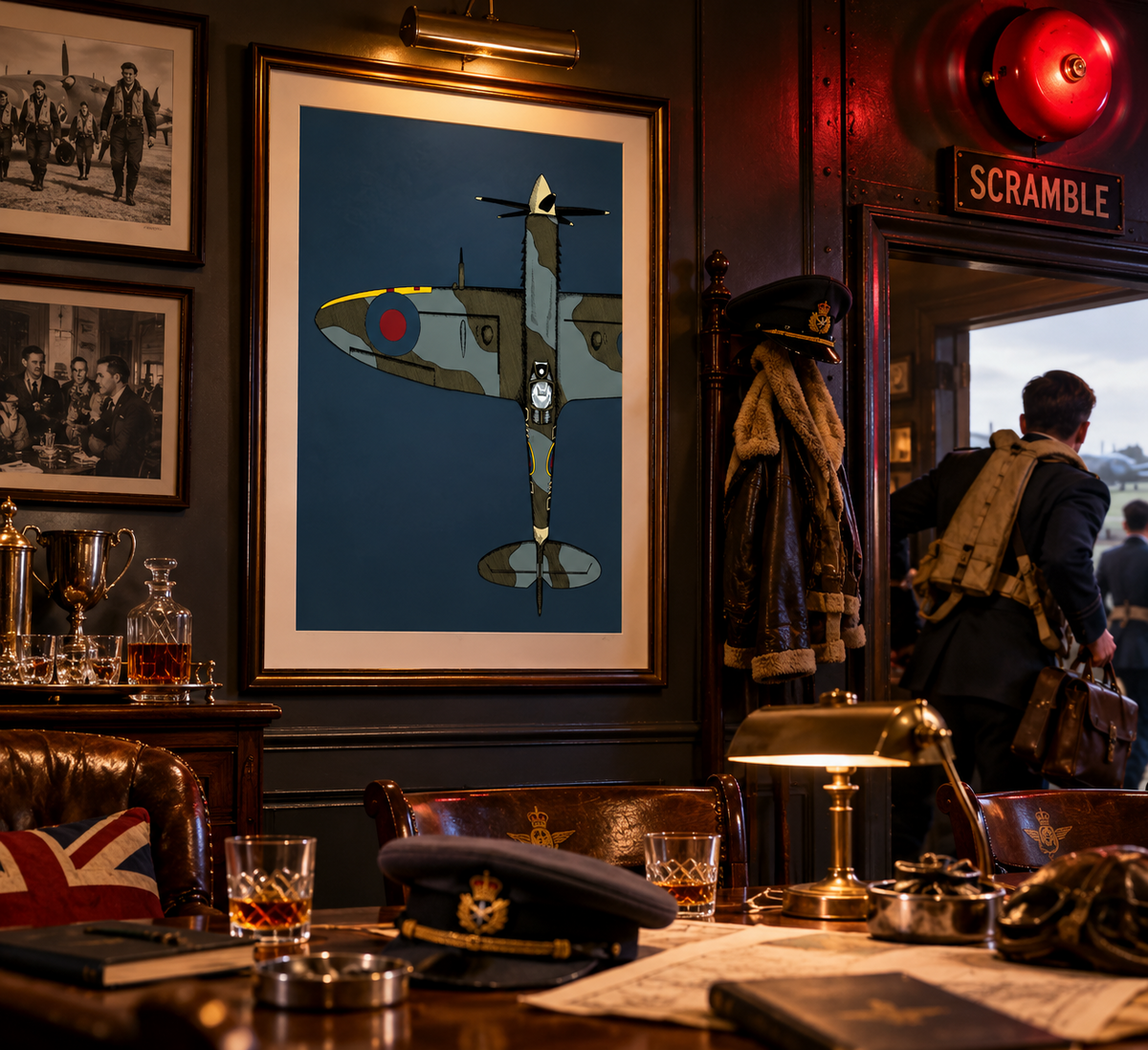 Framed Spitfire A3 art print displayed in a vintage RAF officers mess inspired interior