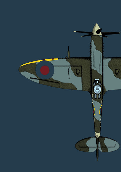 Spitfire fighter plane illustration on a blue background